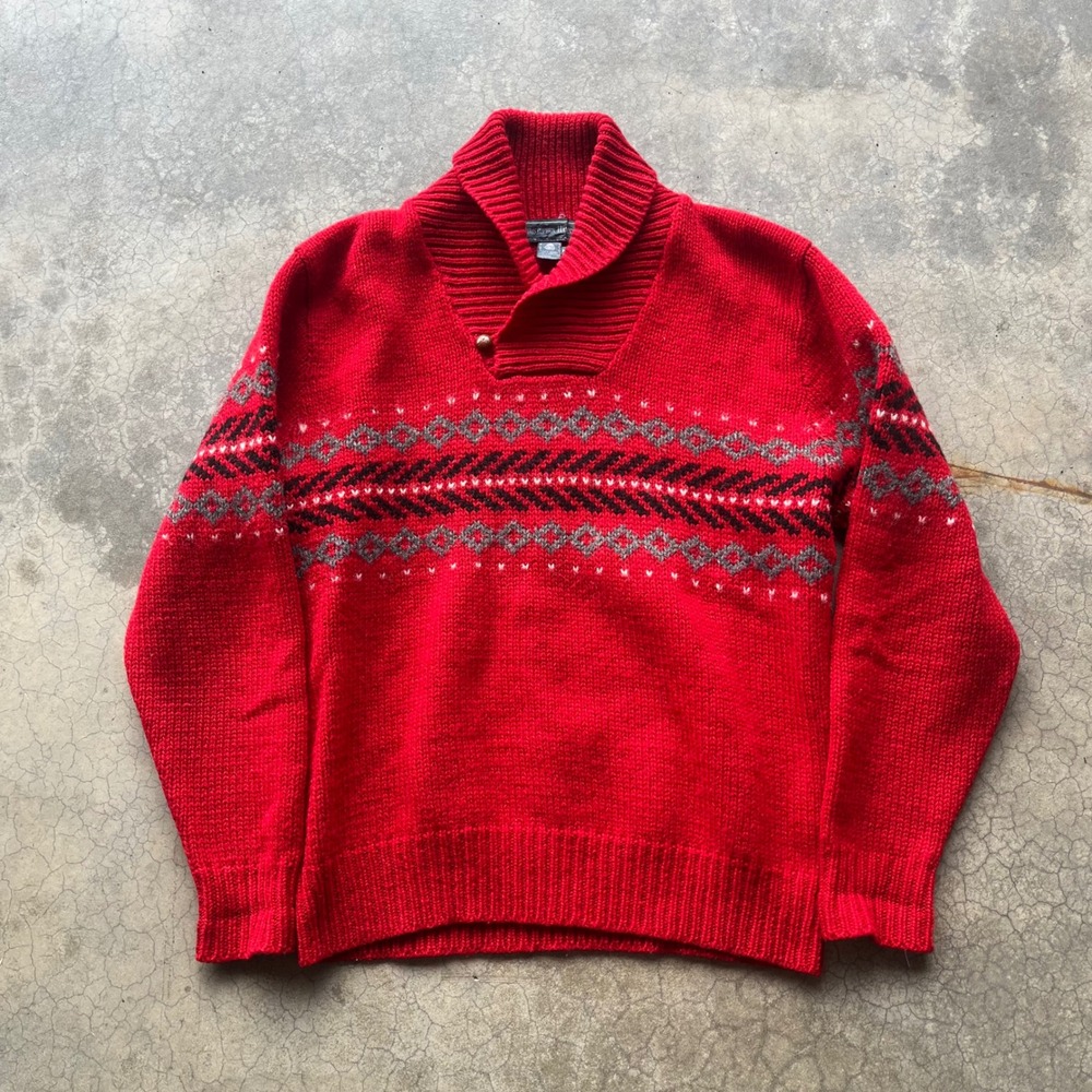 Vintage Christopher Hays Red Wool Fair Isle Shawl Collar Sweater Mens Medium